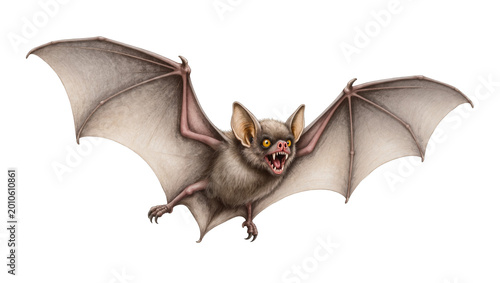 Photos Dark furry bat with outstretched wings and sharp teeth