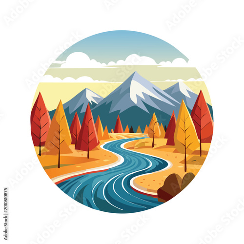 Autumn landscape illustration with mountains river trees and clear sky