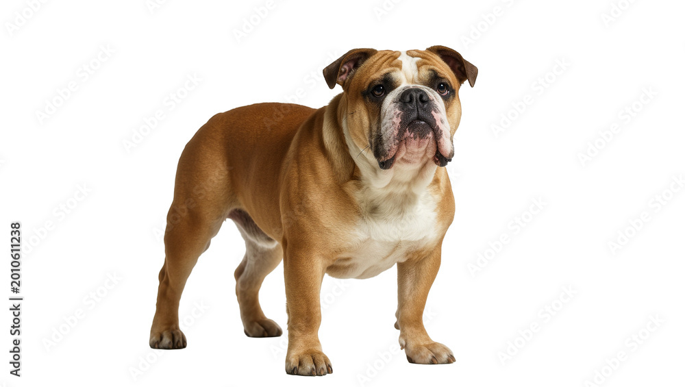 Fototapeta premium Brown and White English Bulldog Standing Alertly