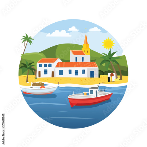 Coastal scene illustration featuring boats and buildings on a sandy beach