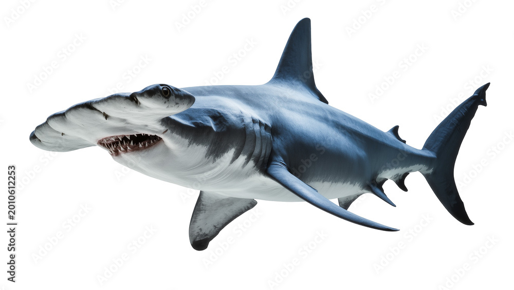 Obraz premium Gray Great White Shark Swimming with Open Mouth and Sharp Teeth