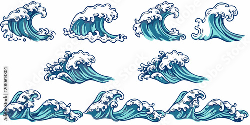 Fotografie Hand drawn ocean waves collection nautical style illustration set