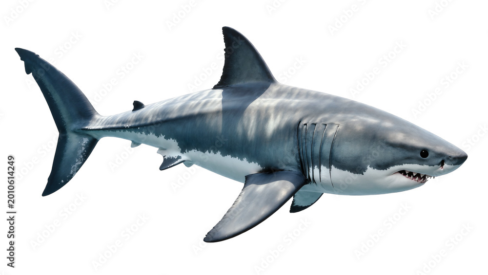 Fototapeta premium Gray Great White Shark Swimming Side View with Fins and Teeth