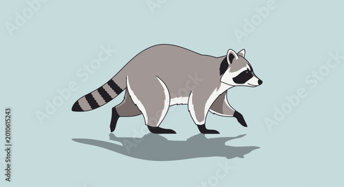 A gray raccoon with black and white markings walks on a light blue background.