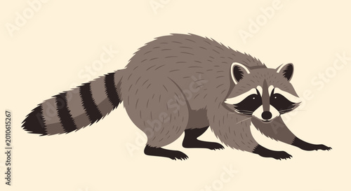 Quadro em tela A gray raccoon with a black and white face and a bushy tail is crouched on a beige background
