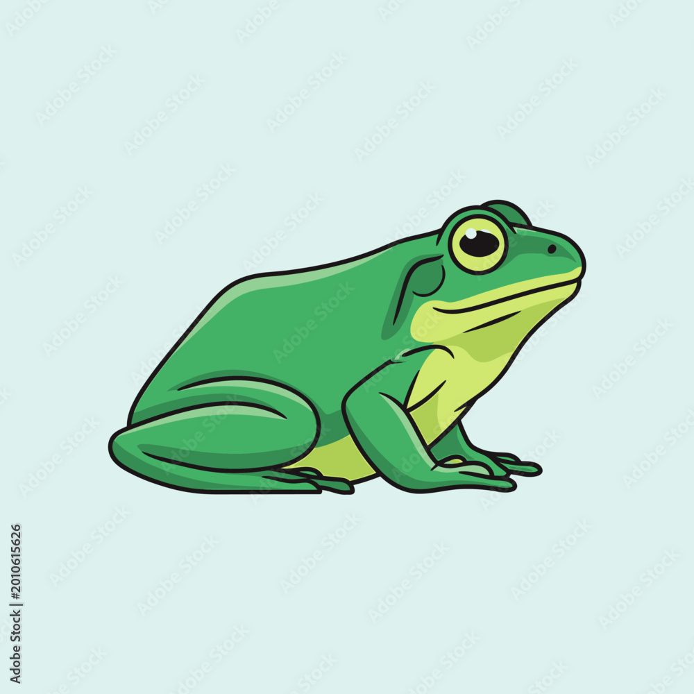 Obraz premium A green cartoon frog with a yellow belly and big round eyes sits on a light blue background.