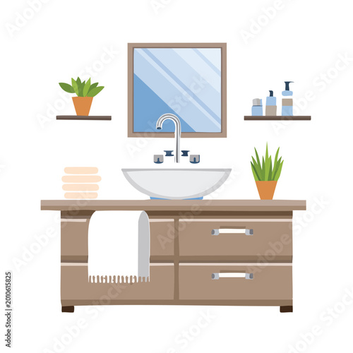 Modern bathroom interior illustration with sink mirror plants and storage cabinet
