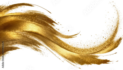 Golden paint brush strokes with glitter particles, isolated on transparent background