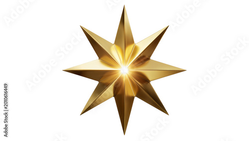 Photography Eight-pointed golden star with bright light emanating from center, isolated on t