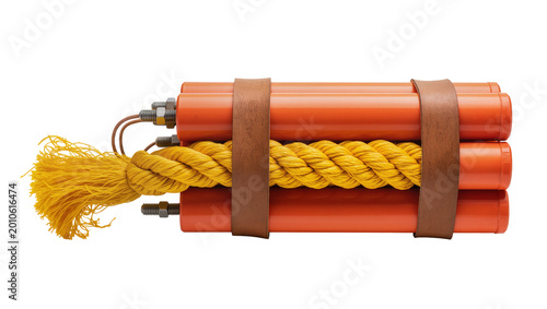 Foto Orange dynamite sticks bound with leather straps and yellow rope, isolated on tr
