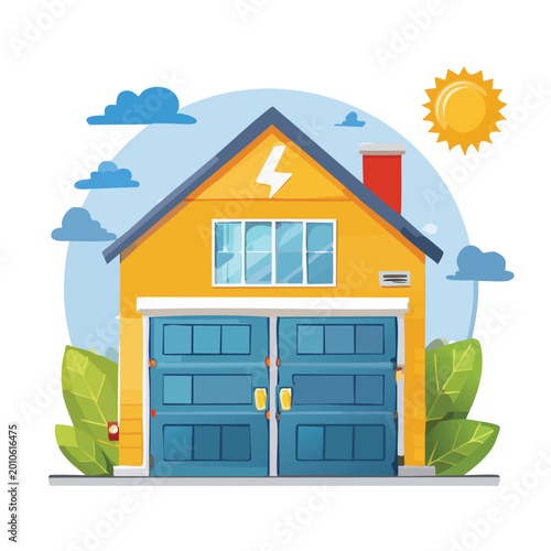 Cartoon garage with solar power and lightning bolt symbol vector illustration