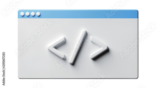 White code brackets and slash symbols on a blue and white browser window, isolated on transparent background