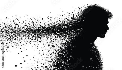 Man silhouette dissolves into pixelated fragments while standing against a bright white background area.
