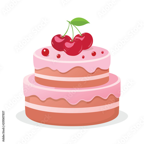 Two tiered pink cake decorated with cherries on white background