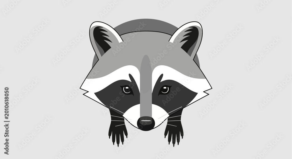 Obraz premium Illustration of a raccoon's face and front paws on a gray background.