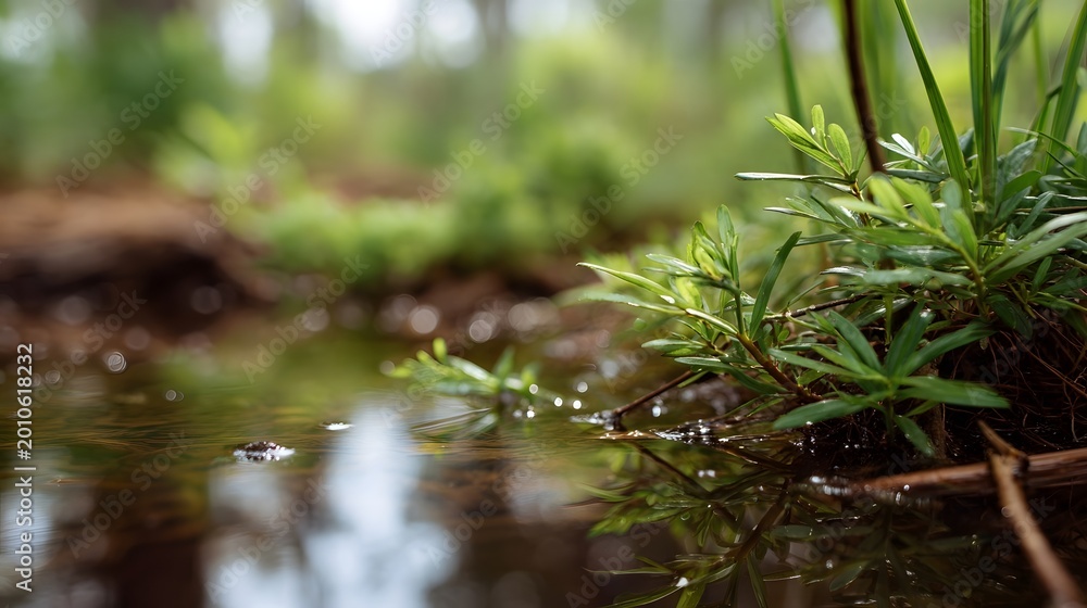 Naklejka premium Lush green foliage emerging from the surface of calm water in a tranquil natural wetland setting