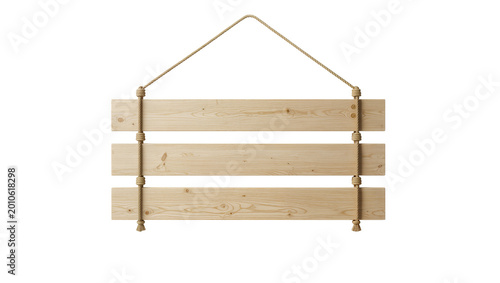 Three horizontal wooden planks with rope hangers, isolated on transparent background