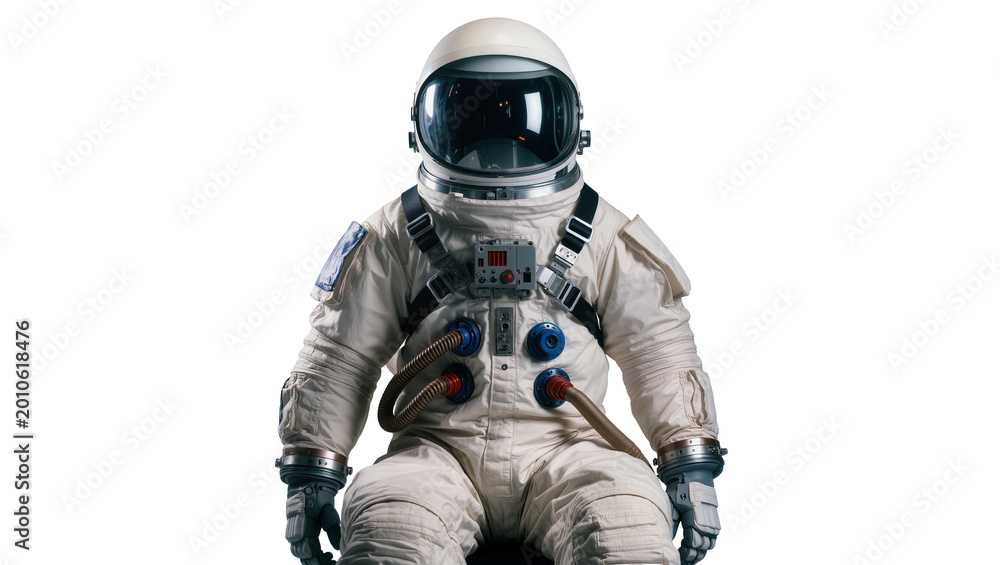 Fototapeta premium Full body astronaut suit with helmet and hoses, isolated on transparent background