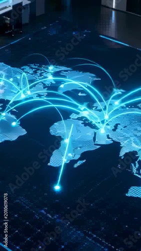 Vertical video: Receiving signal, hologram map projecting pulsing arcs and nodes in control room