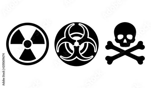 Comprehensive collection of hazardous material warning icons featuring black and white vector symbols for radiation, biohazard, and toxic substances.
