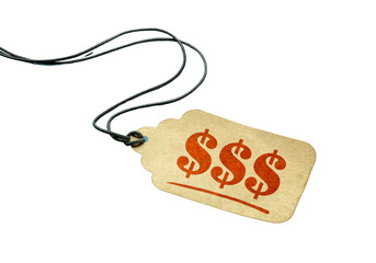 Brown Price Tag with Dollar Signs Isolated on Transparent Background – Pricing Label