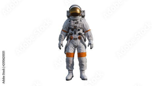 Full body astronaut in white spacesuit with orange accents, isolated on transparent background