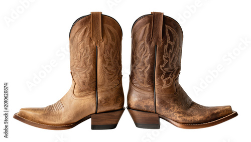 Tableau sur toile Pair of brown leather cowboy boots with ornate stitching, isolated on transparen
