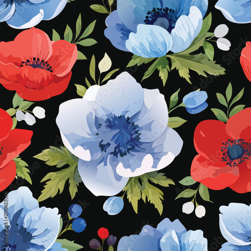 Vibrant floral pattern of red blue and white flowers on black background
