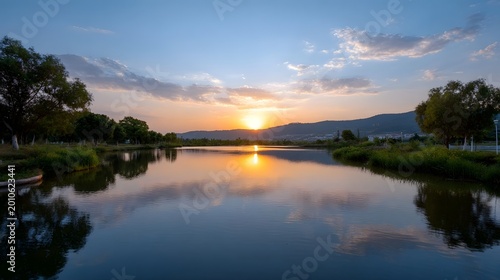 A breathtaking view of a tranquil river at sunset capturing the perfect reflections of golden clouds and vibrant blue skies across the calm water