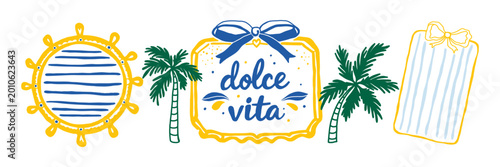 Canvastavla Summer Italy set palm tree nautical helm Dolce Vita lettering frames illustration