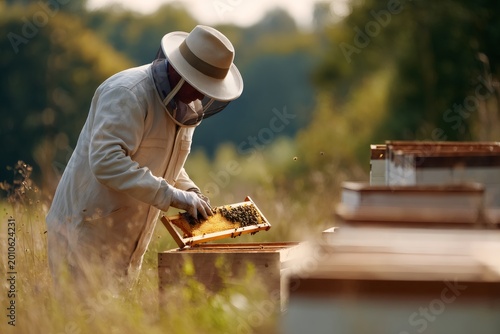 Beekeeper in a protective suit inspecting a honeycomb frame at an apiary. Apiculturist working with bees in a rural field during golden hour. Natural honey production concept