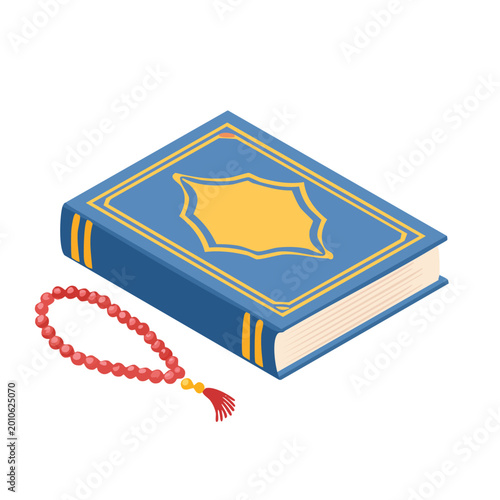 Isometric illustration of a holy book and prayer beads on a white background