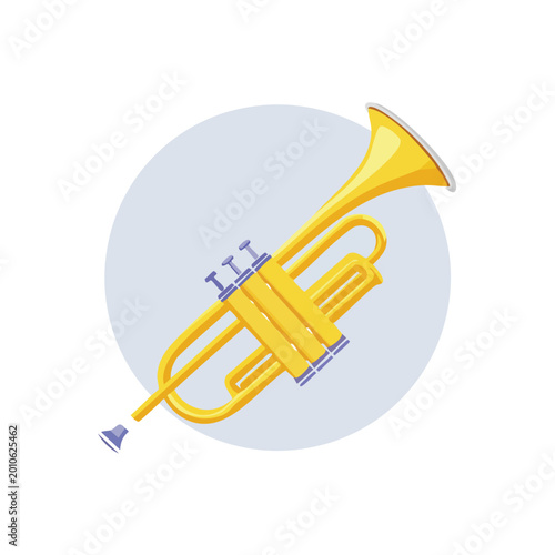 Shiny yellow trumpet illustration on blue circle background music concept