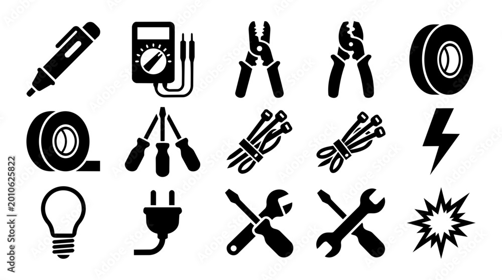 Fototapeta premium Electrical Tools and Symbols Silhouette Icon Set – Multimeter Tester Plug Lightning Collection
