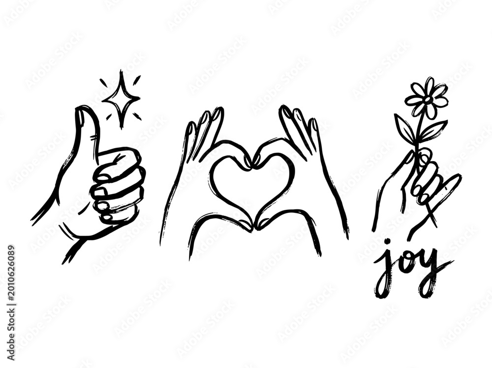 Obraz premium Expressive brush line art hand gestures, mascot heart and thumbs up, vector doodle sticker elements