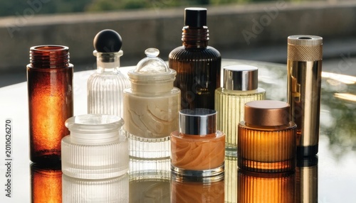 Minimalistic composition of cosmetic tubes and bottles without logos, studio lighting
