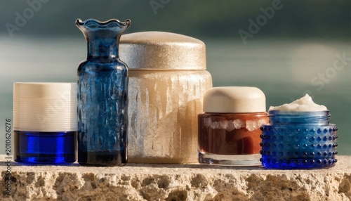 Professional photography of luxury cosmetics: bottles and tubes without text, clean background