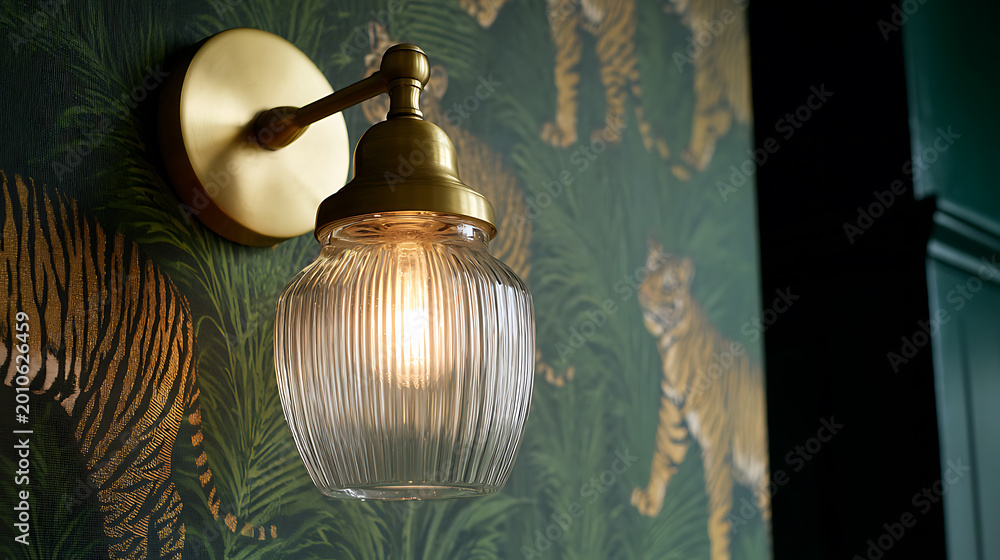Fototapeta premium Vintage-style brass and fluted glass wall sconce provides warm glow against a vibrant, exotic botanical and animal print wallpaper, adding elegance and charm