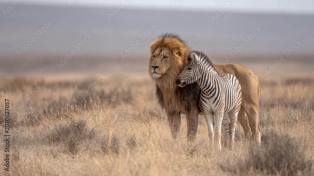 Fototapeta premium A majestic lion stands proudly beside a unique zebra in a serene landscape. This image showcases the beauty of nature and wildlife friendship. Perfect for animal lovers and nature enthusiasts. AI