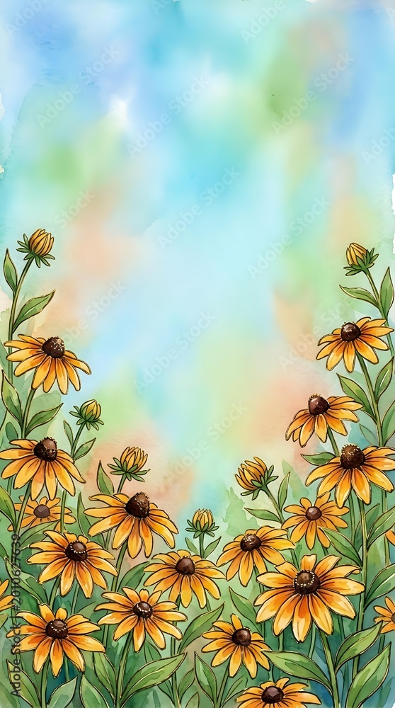 Fototapeta premium Watercolor yellow wildflowers border frame with soft pastel sky background for greeting cards, invitations and botanical design projects.