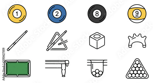 Bild auf Leinwand billiards pool snooker balls and equipment icons, colored ball numbers cue stick