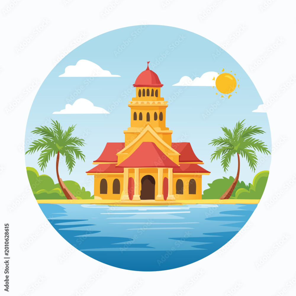 Fototapeta premium Cartoon illustration of a tropical building with palm trees and ocean views