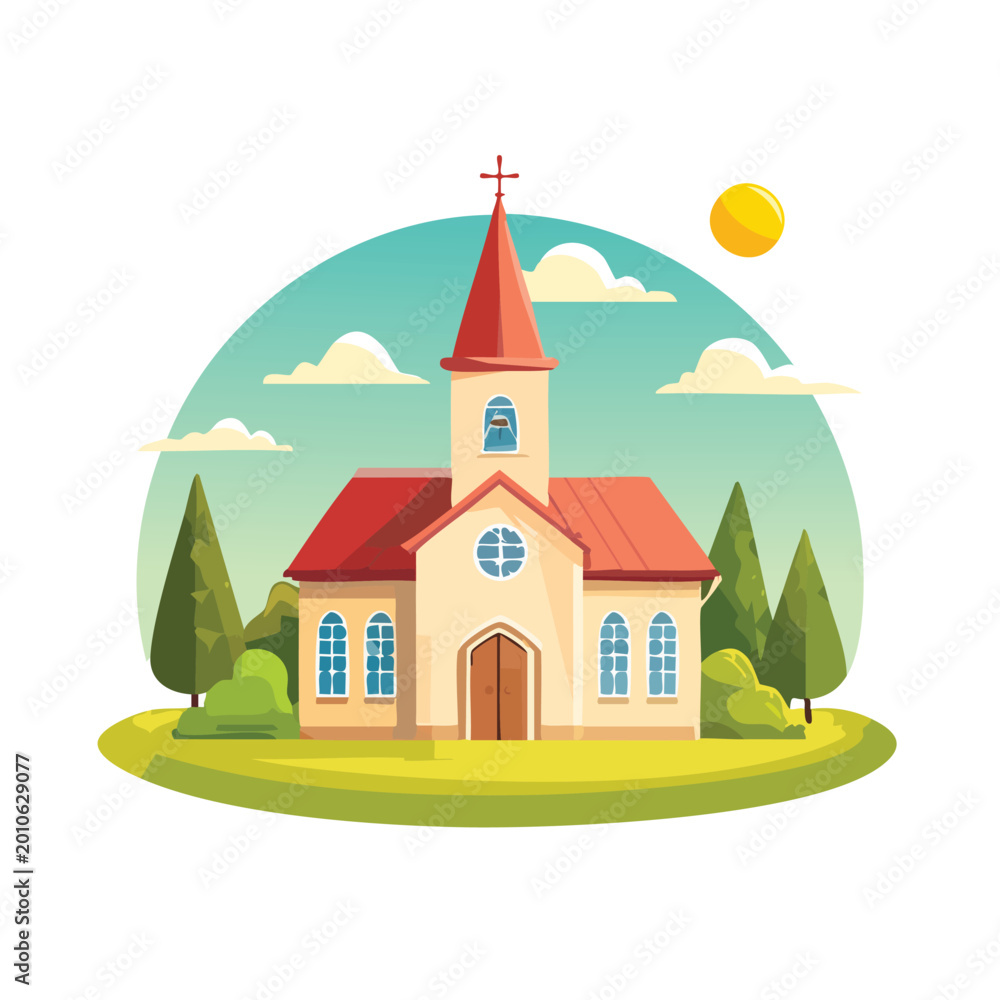 Naklejka premium Cartoon church illustration on green grass with trees and blue windows
