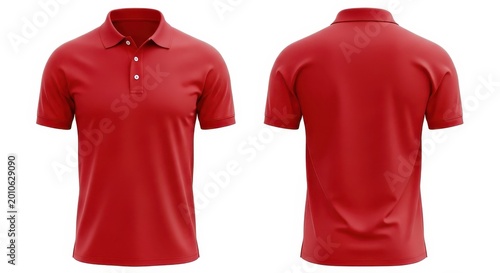 Front and back view of a red polo shirt with short sleeves on a white background