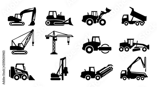Obraz na płótnie Heavy Construction Machinery Silhouette Icon Set – Excavator Bulldozer Crane Tru
