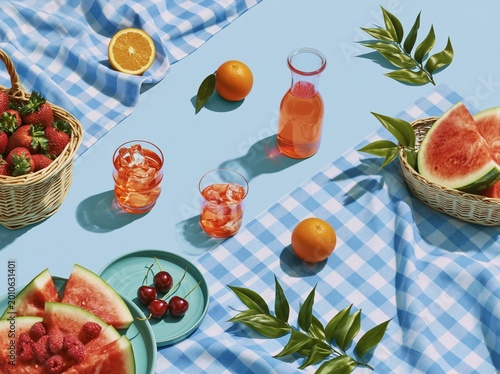 Refreshing summer picnic with fresh fruits and iced drinks on blue checkered cloth