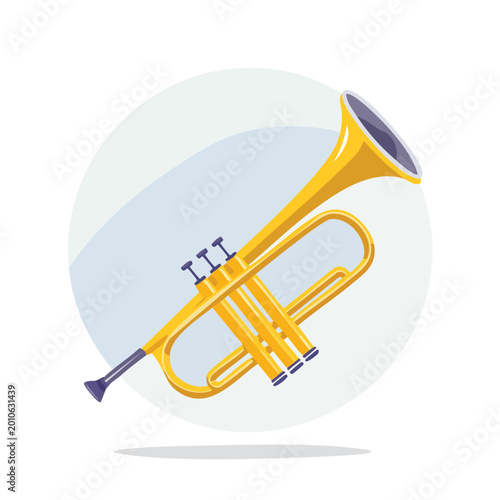 Golden trumpet illustration on white background with blue and yellow accents