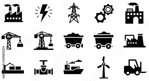 Set of black industrial icons for heavy manufacturing and construction