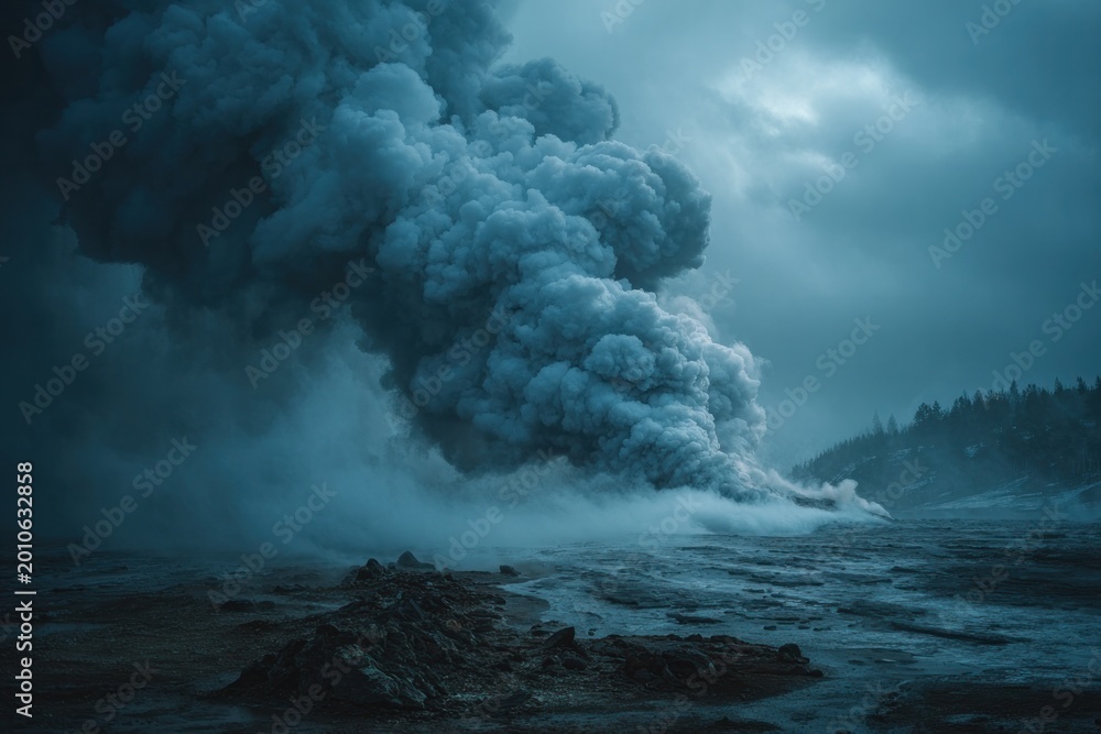Fototapeta premium Dramatic Volcanic Eruption Over Water