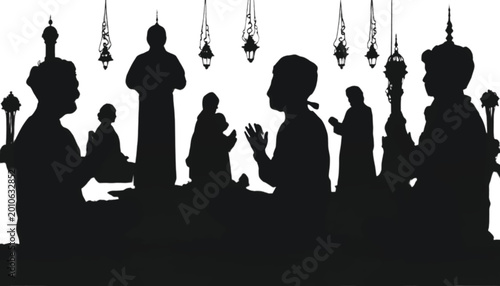 People silhouettes gather together for a communal prayer session under hanging decorative lanterns.